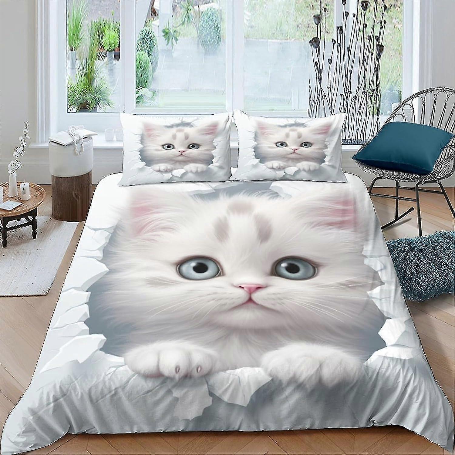 Capa de edredom de gatinho fofo Conjunto de 3 peças Roupa de cama 3D Capa de colcha de fácil cuidado com fecho de zíper, Cama de microfibra dupla