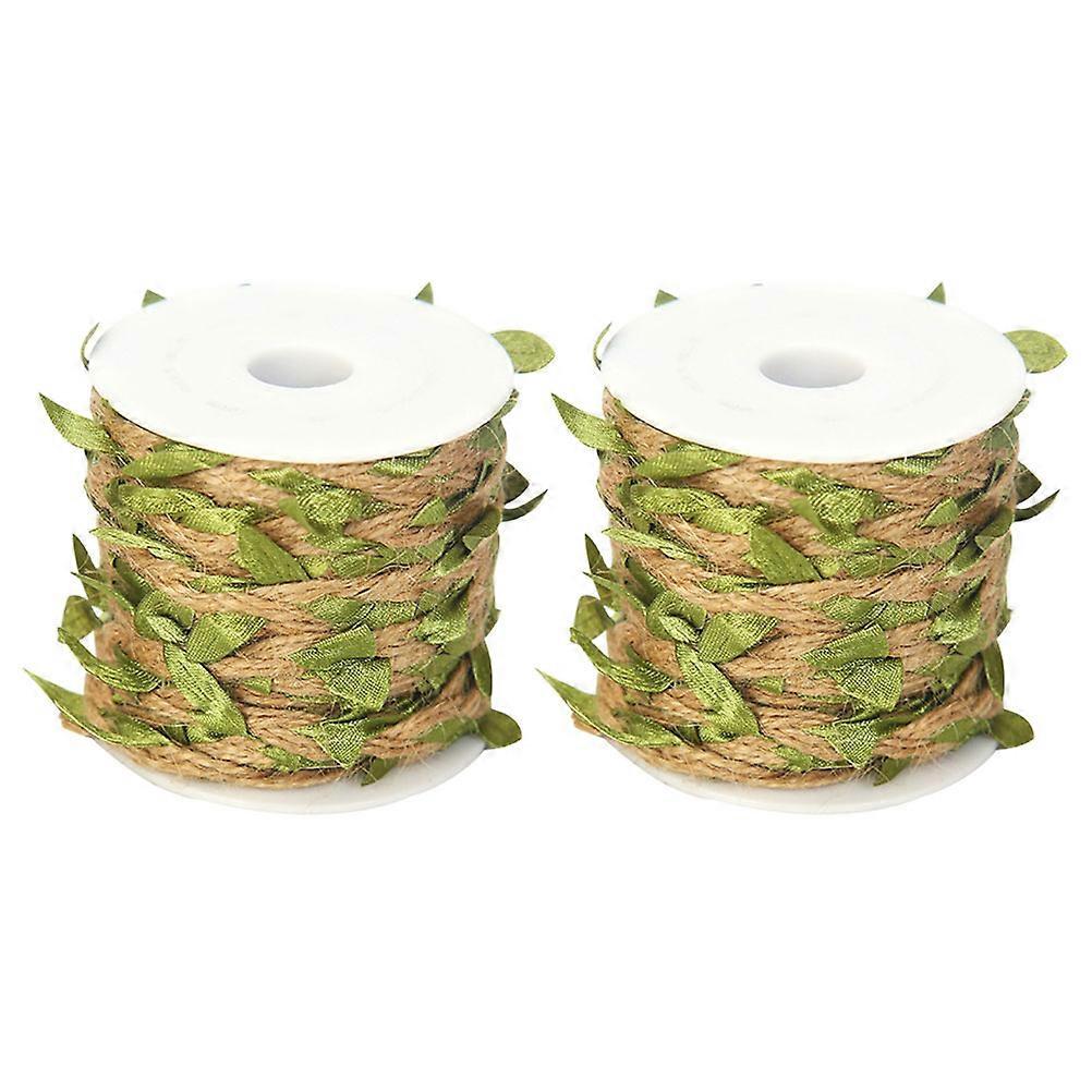 2 Rolls Natural Green Hemp Twine with Realistic Leaf Trim, Rattan Rope Style, for Home Decor, Floral Arrangements, and Crafts