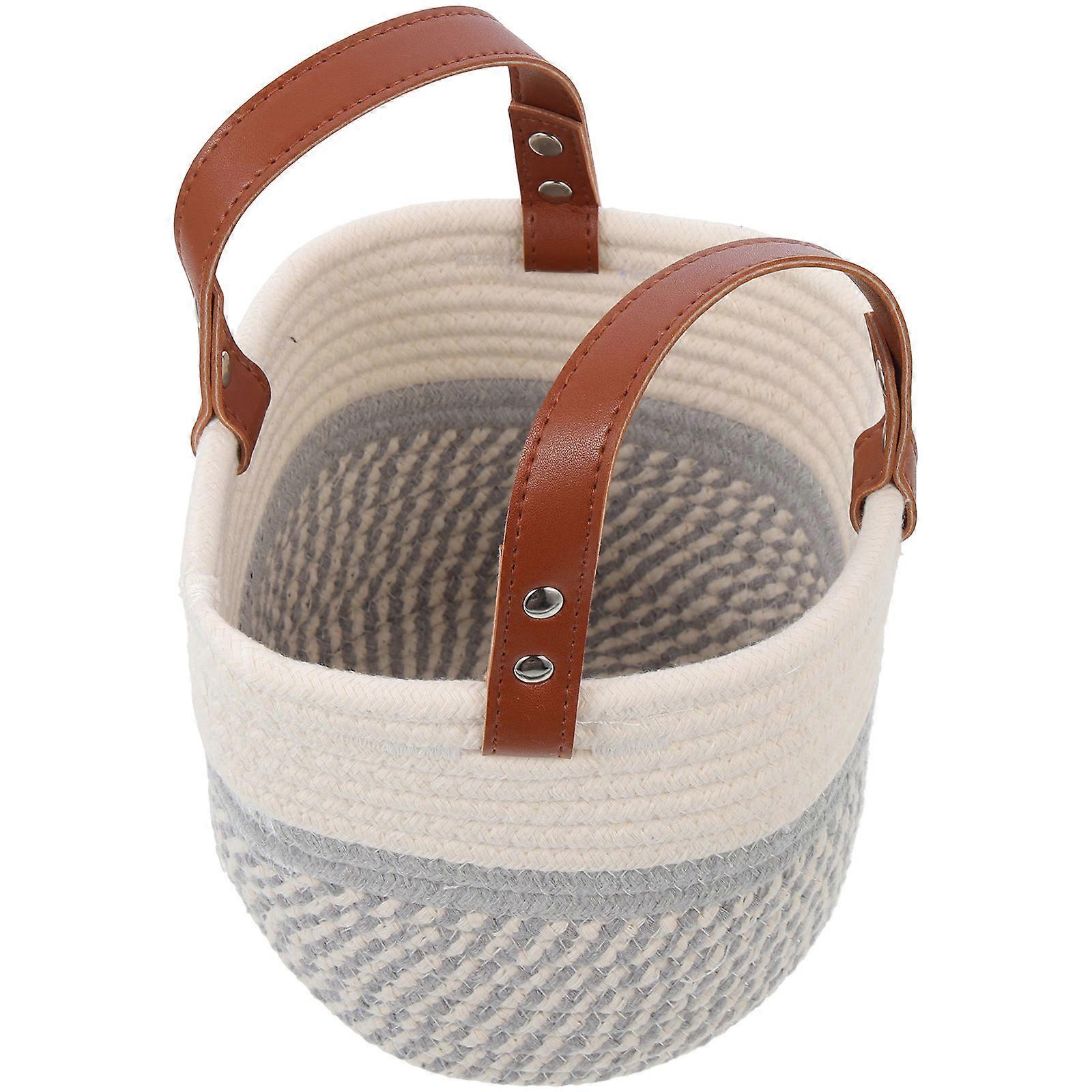 Small Organizing Basket Cotton Rope Storage Bin For Living Room Round Handle 1Pcs