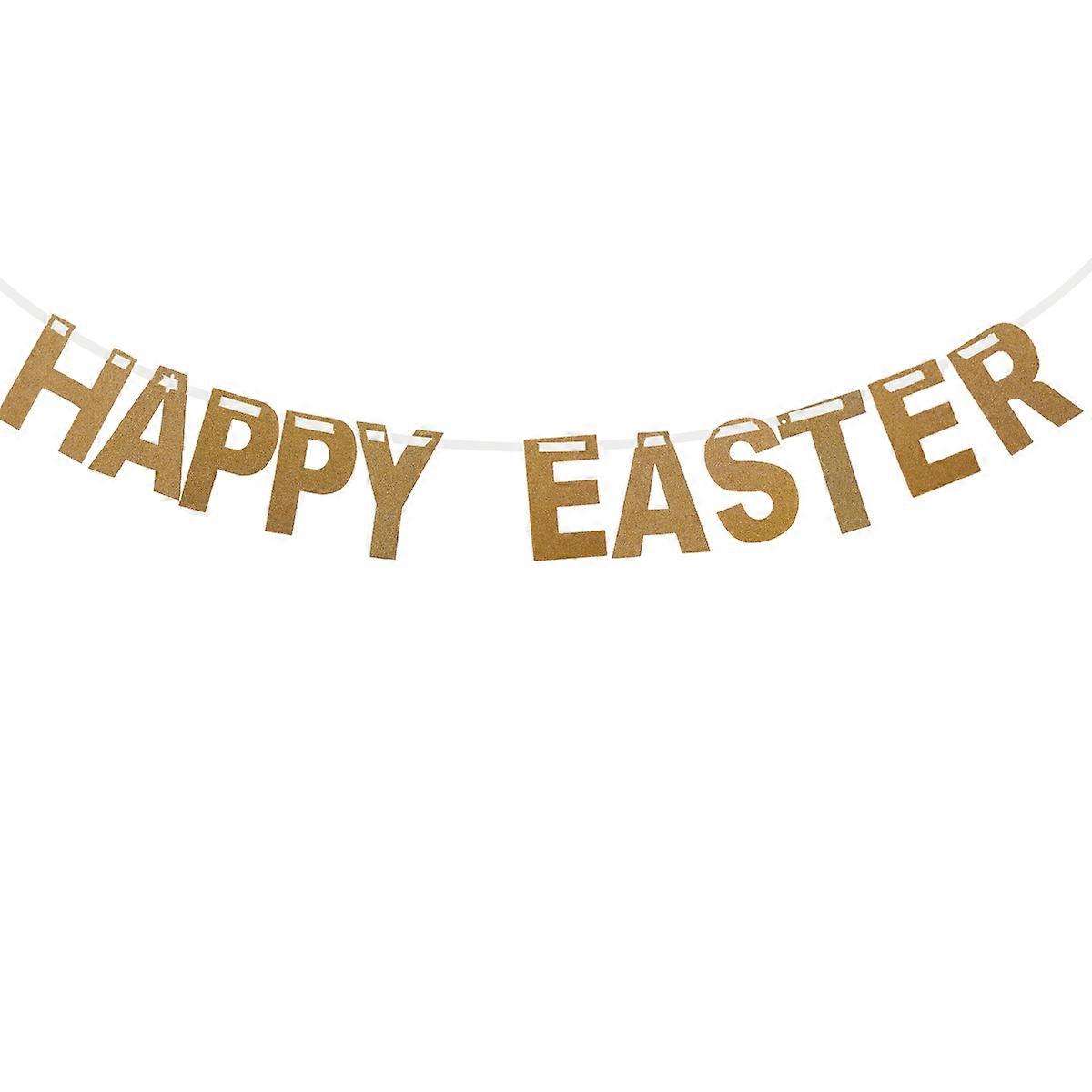 Happy Easter Burlap Banner with Glitter Finish Vintage Bunny Pattern for Festive Home Decor and Party Decoration 3 Meters Golden
