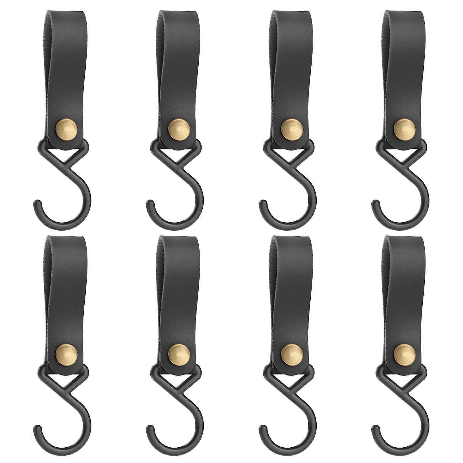 Black S Hooks with Leather Loop, Pack of 8 for Hanging, Pram, Camping, Clothes