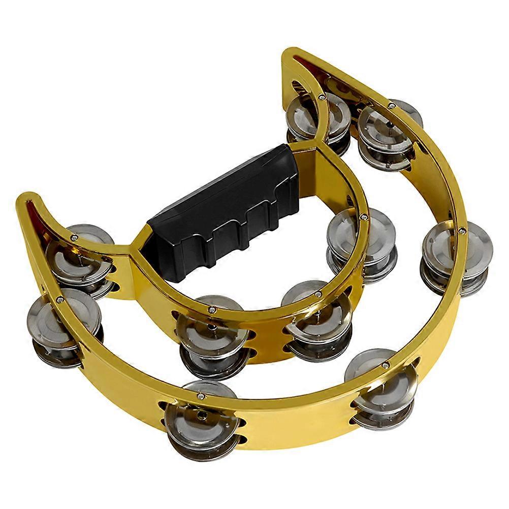 Golden Handheld Tambourine with Double Row Jingles for Party Fun and Musical Enjoyment 8.5 inches