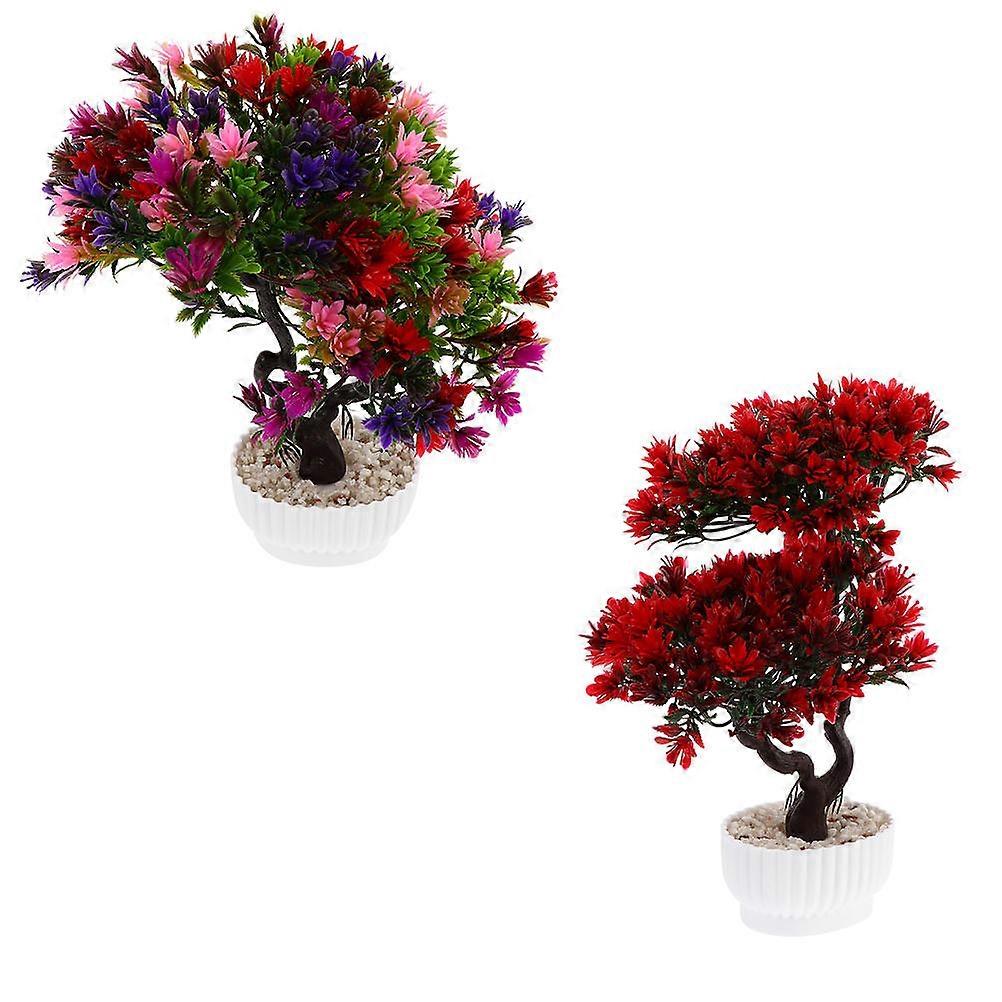 Faux Plants Simulation Bonsai Ornament 2Pcs Desk Ornament Assorted Color Mood-enhancing Pot-shaped