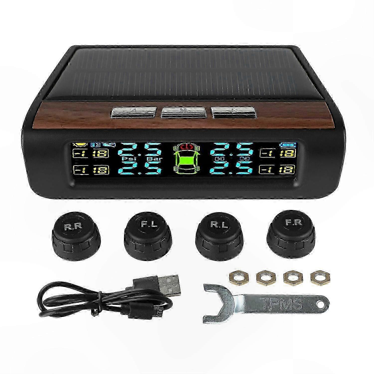 Solar-Powered Wireless Tire Pressure Monitor with 4 External Sensors and LCD Display for Cars