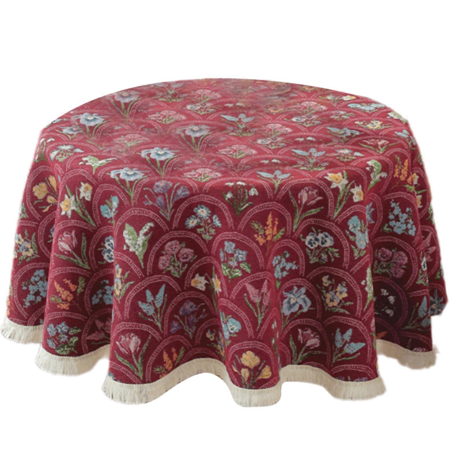 Round Tablecloth With Tassels Trim Wrinkle Resistant Polyester Fabric for Dining Decoration Home Use Red