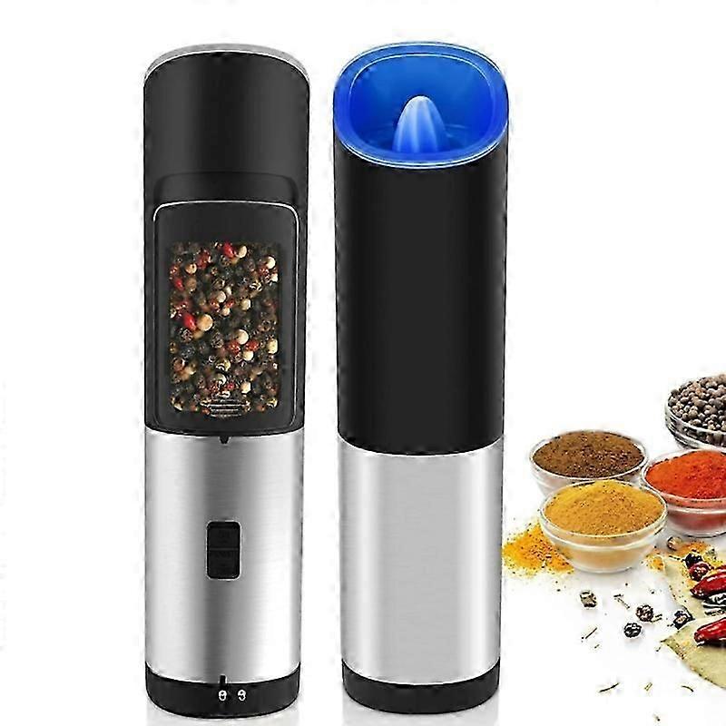 2 Pcs Battery Powered Salt Pepper Grinder With Led Light, One Hand Operation Gravity Sensor, Adjusta