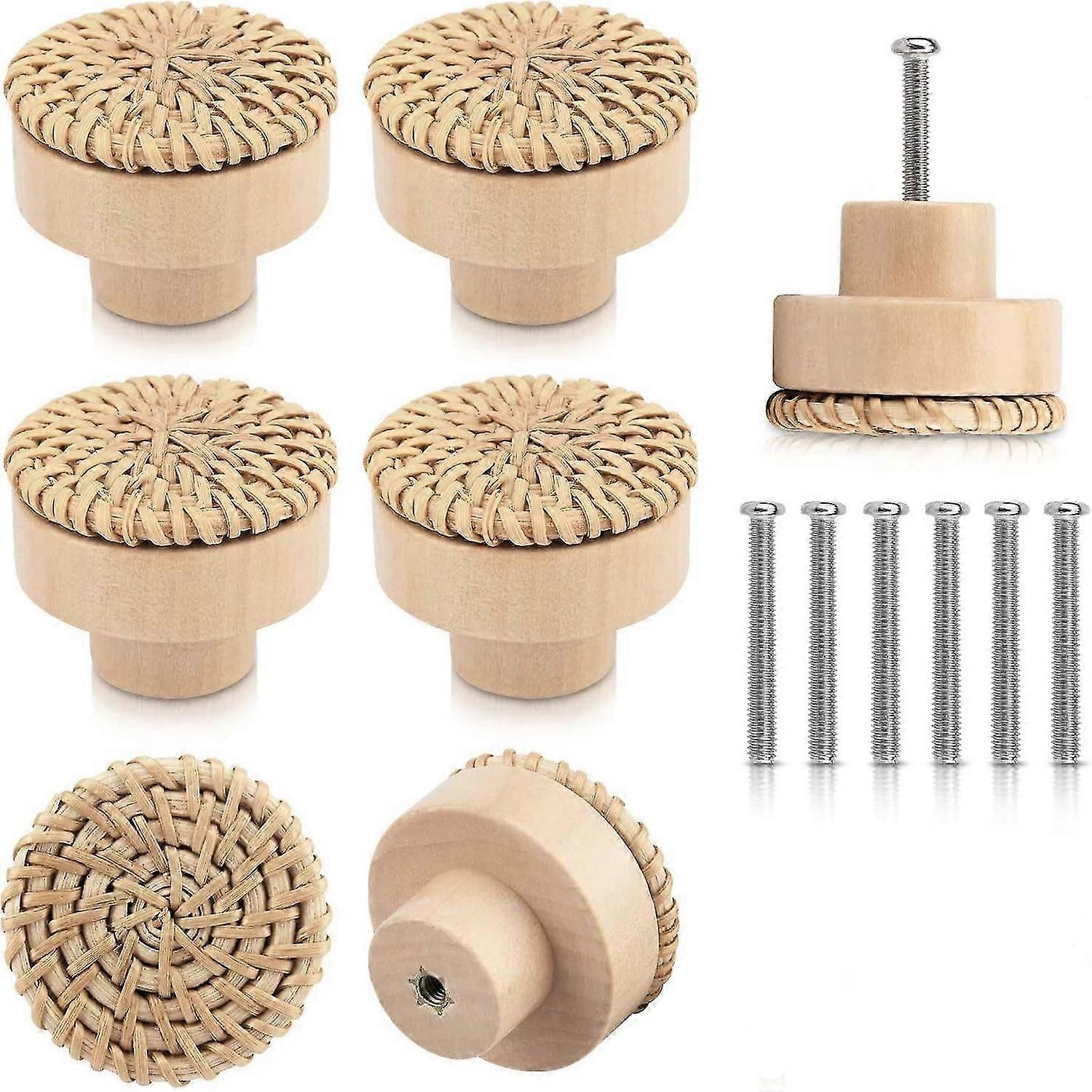 6 Rattan Cabinet Knobs,Round Wooden Drawer Knobs