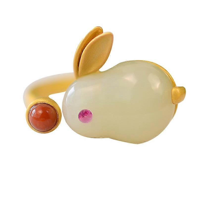 Rabbit Hetian Jade Ring, Women's White Jade Open Ring, Vintage Ethnic Style Index Finger Ring
