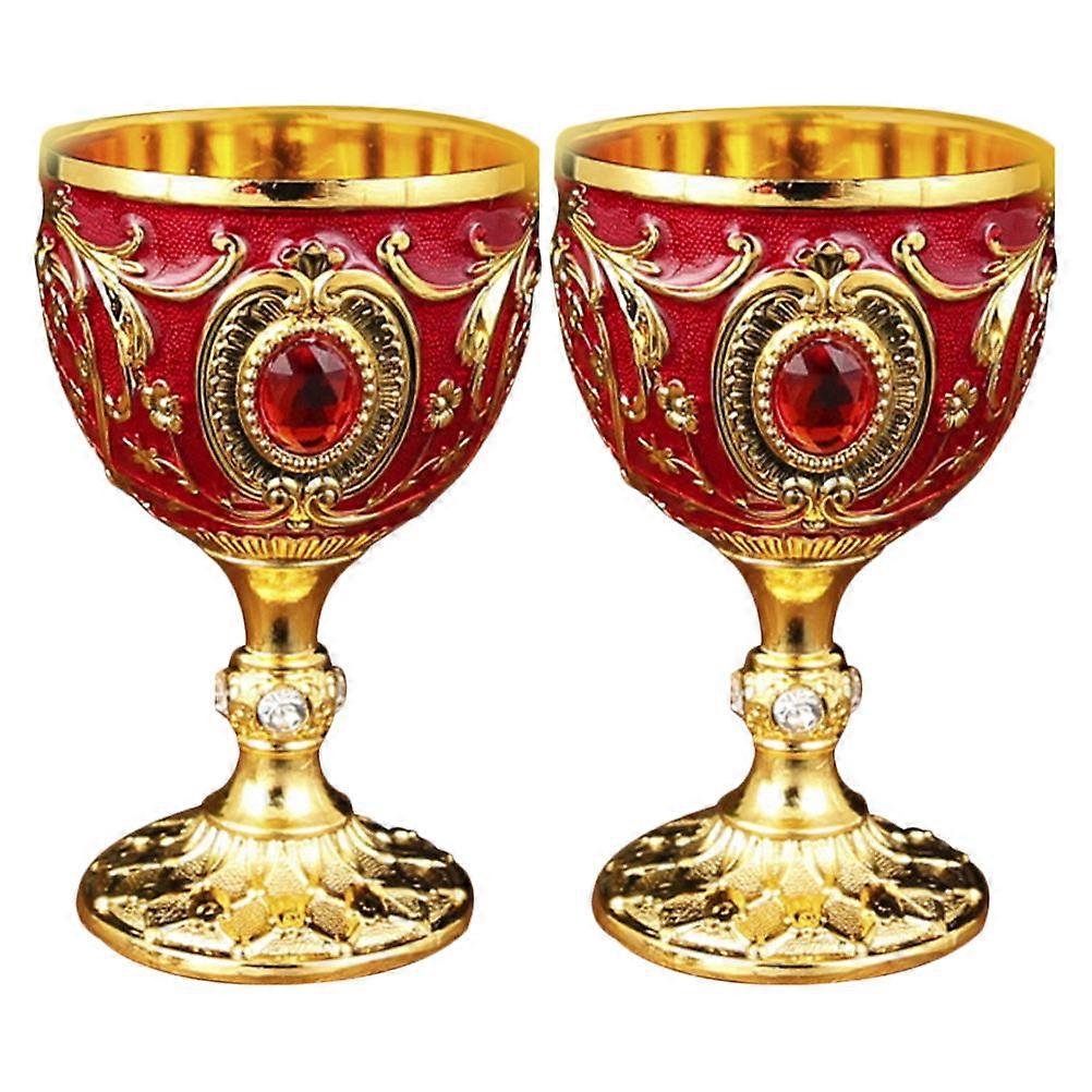 Retro Wine Cup 2Pcs Embossed Style Drinking Liquor Cup For Wine Lovers Home Office Bars Unique Design Red