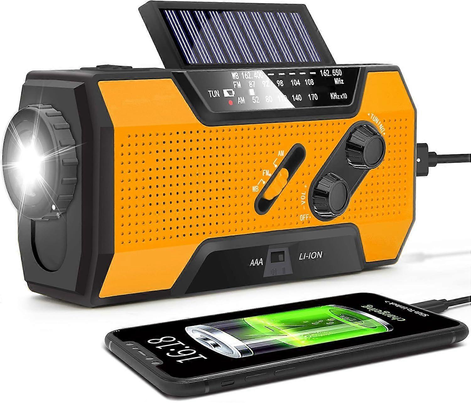 Emergency Weather Radio with 2000 Mwh External Battery, USB/Solar Charging/Hand Crank Orange