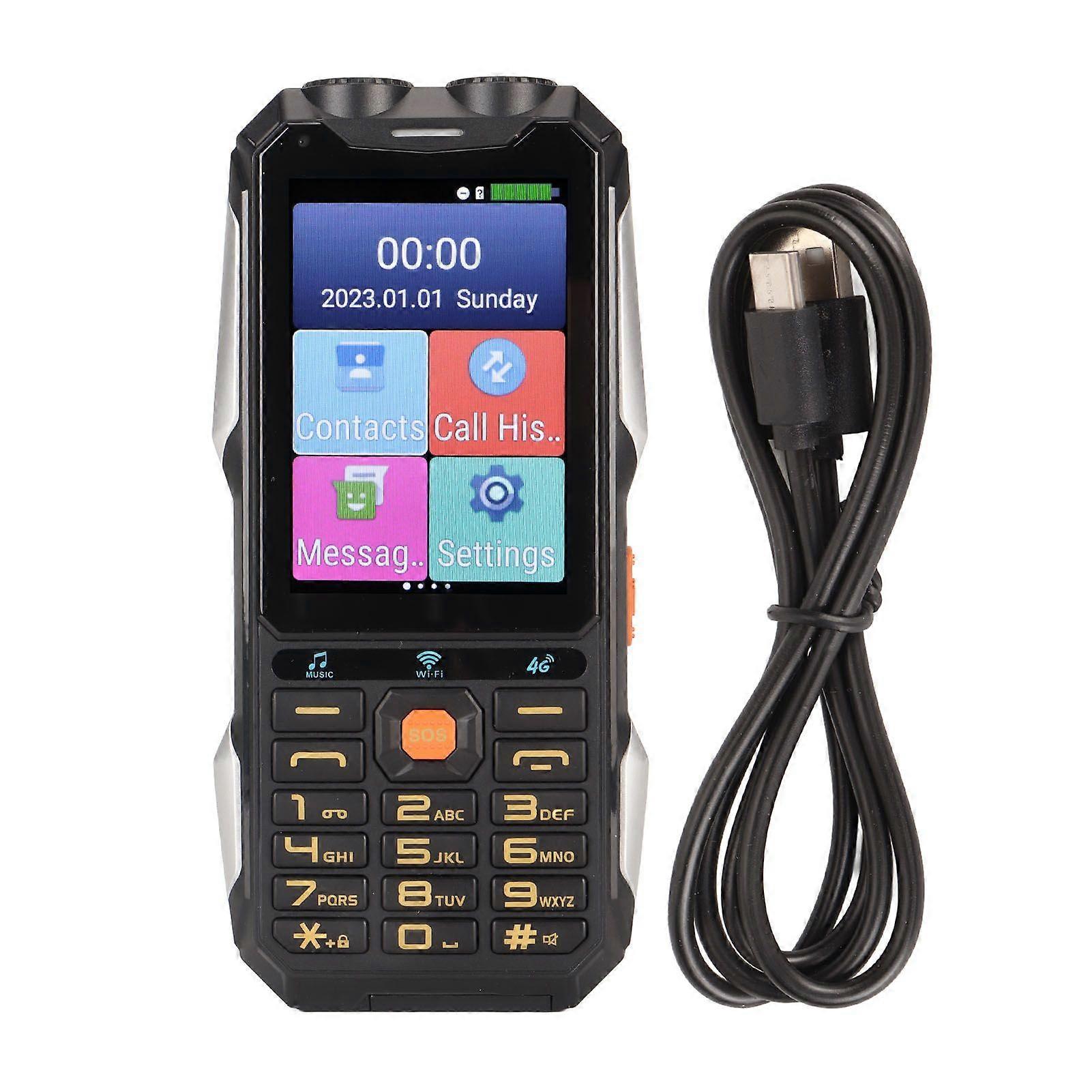 Rugged Senior Cellphone 4G 4in Touch Screen WiFi Large Button 18000mAh LED Flashlight Loud Sound Quick Dial Phone for Android 7.0 Black