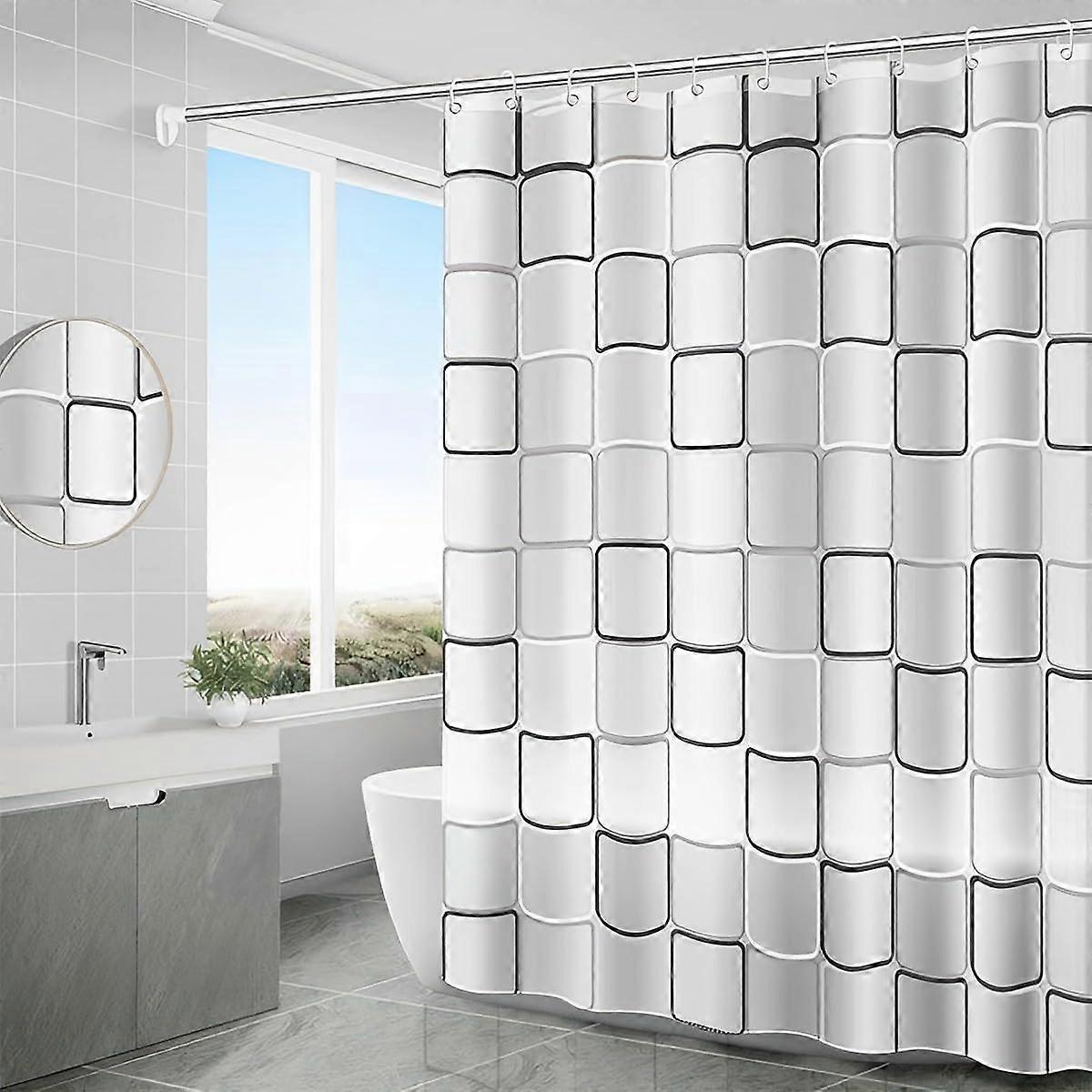Checkered Shower Curtain 200 x 200 cm QuickDrying AntiMould Weighted Hem Washable 16 Hooks For Wet Room