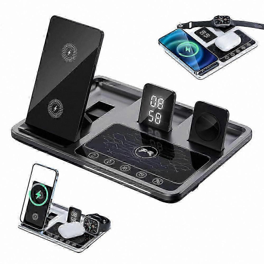 6-in-1 Wireless Charging Station with Alarm Clock and Night Lamp for , Android Devices, Gray Fast Charger Dock