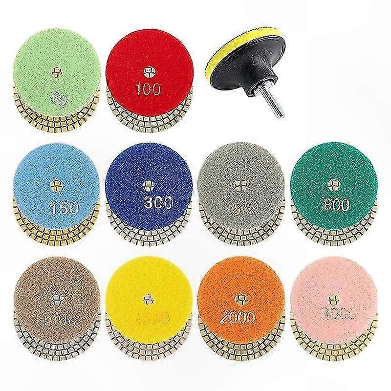 3" Wet Diamond Polishing Pads Set, 11 Pieces, 50-3000 Grit, Hook & Loop Backing for Stone Surface Refinement