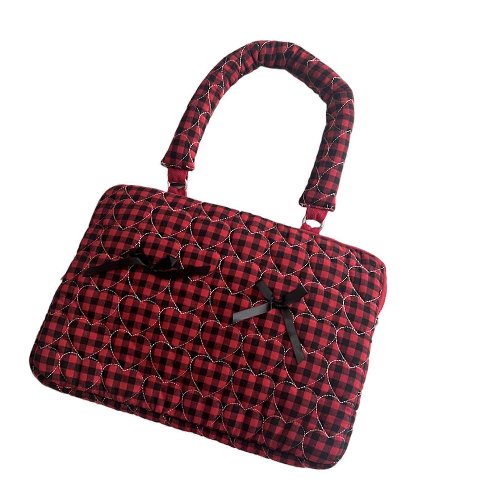 Computer Case Cloth Laptop Bag with Bows Design For Pad Tablets Travel Storage Case Checkered Shoulder Bag  Red 15 to 15.6 inches