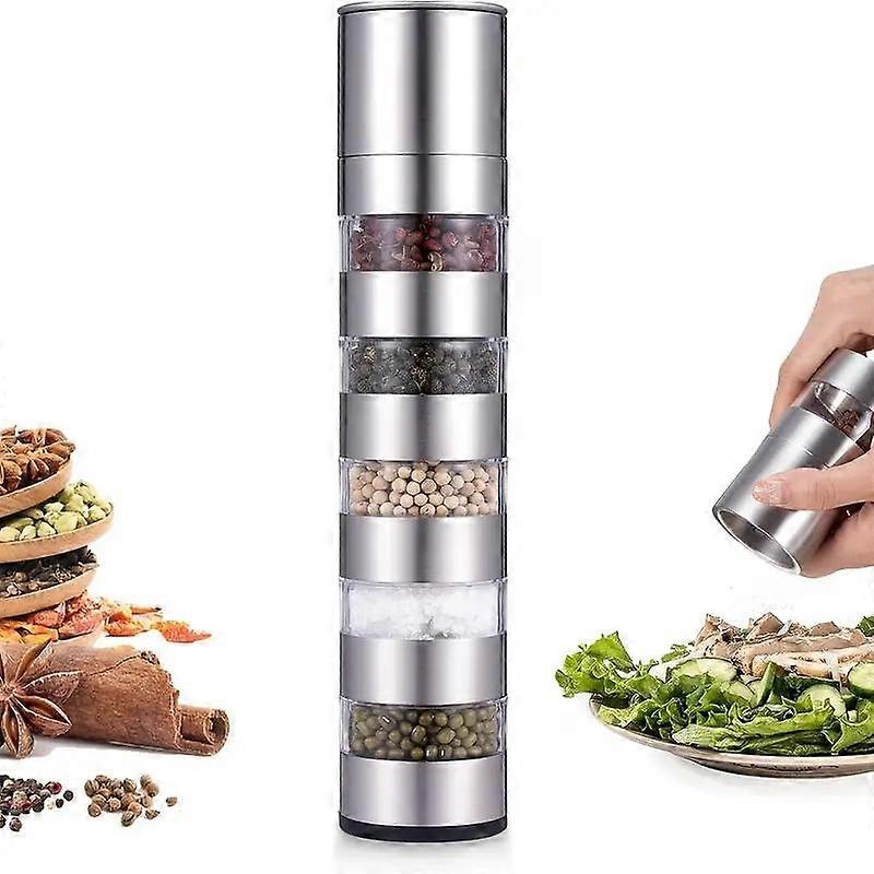 Conjunto de moedores de sal e pimenta 5 em 1, portáteis e recarregáveis, com ajuste de moagem, estrutura de vidro, ideais para churrasco e camping.