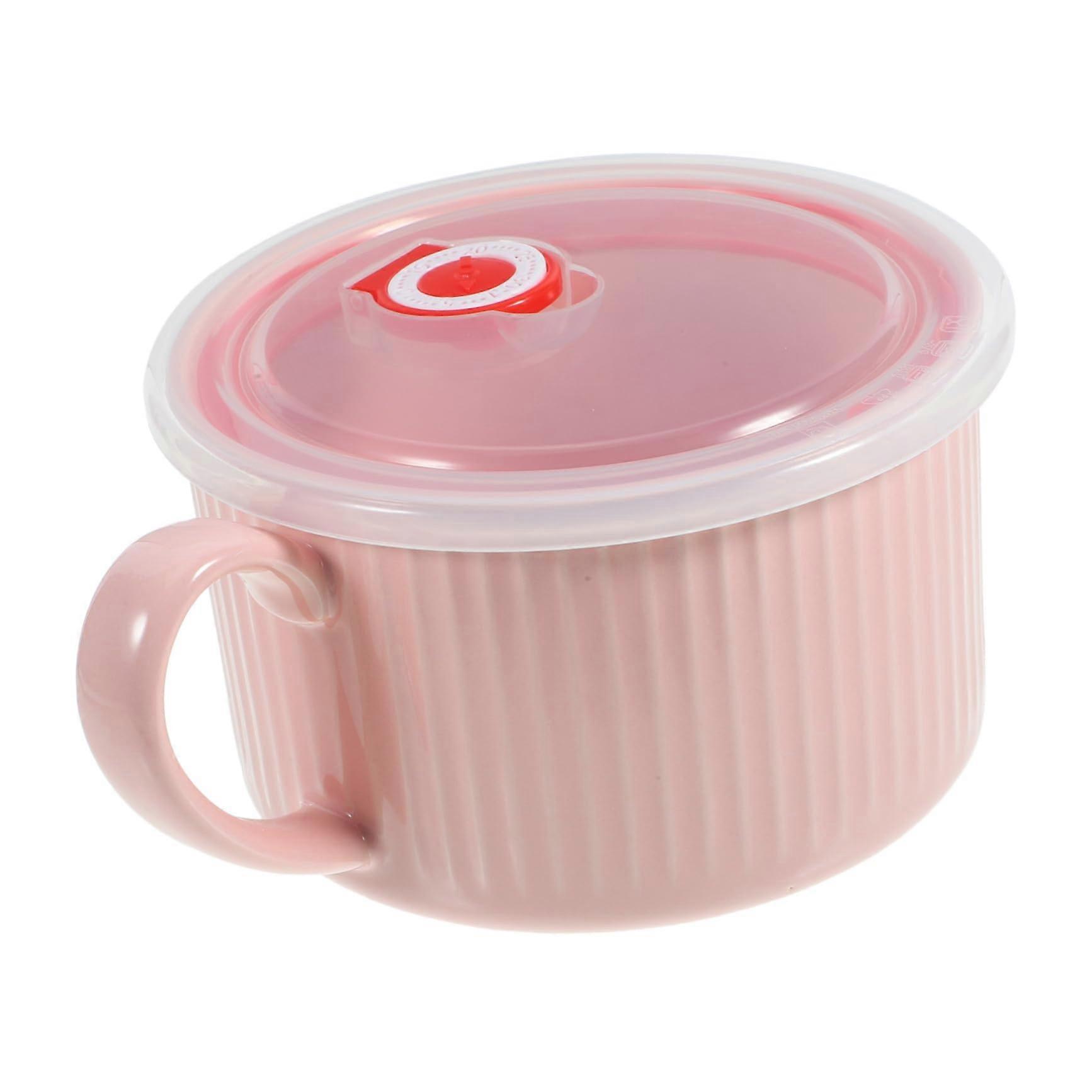 Ceramic Ramen Bowl With Handle And Vent Lid Pink, SingleEar Food Container For Noodles, Fruits And Salad, Airtight