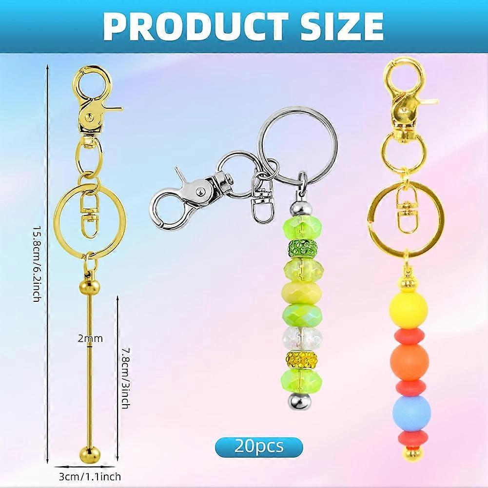 20 Pieces Beadable Keychains Bars - Diy Golden & Silver Beadable Keychains Bulk -Beaded Keychain Making Kit
