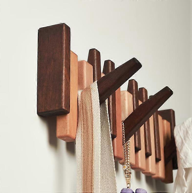 Wall Coat Rack with Magnetic Folding Hooks, Rustic Walnut and Beech 6Hook SpaceSaving Organizer