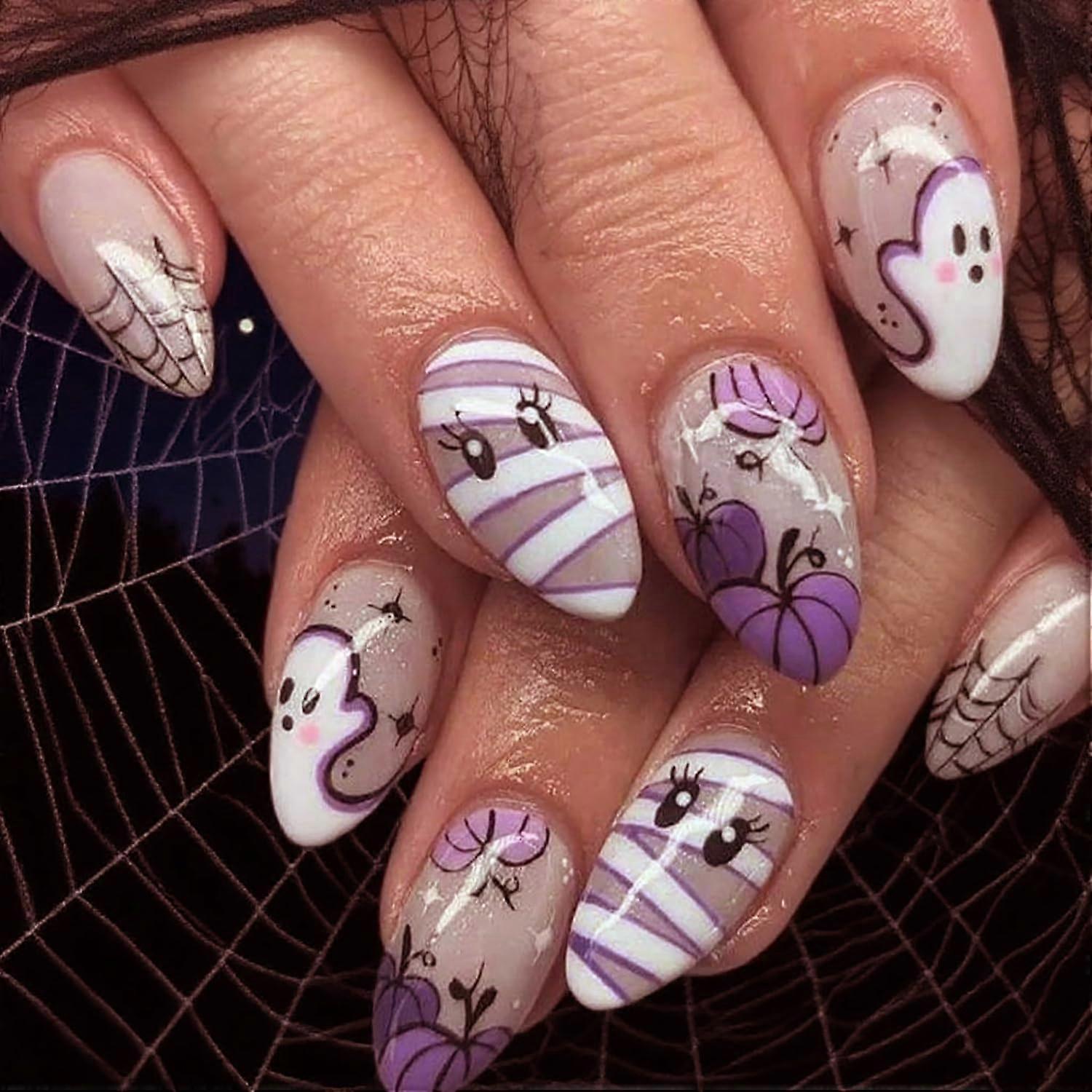 Halloween Press On Almond Nails Ghost Pumpkin Spiderweb Medium Length Cute Acrylic Nail Tips Set