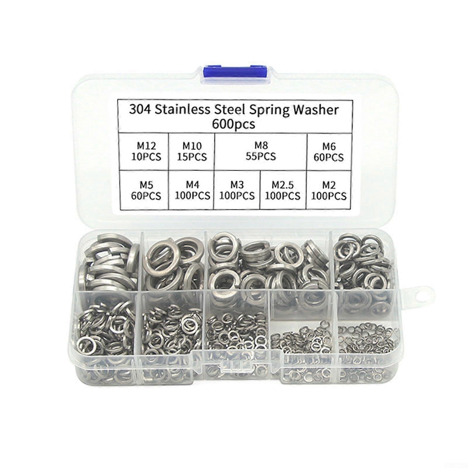 600 Piece Stainless Steel Spring Lock Washers Set, Rust Resistant, Assorted Sizes for Engineering