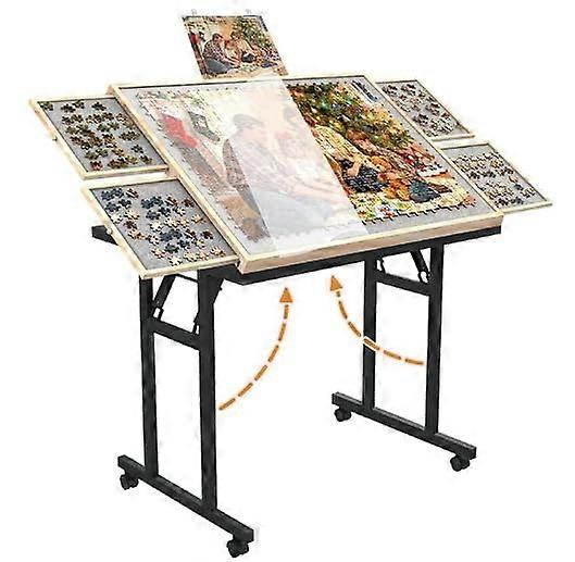 Foldable Adjustable Tilting Jigsaw Puzzle Table with Builtin Drawers, Lockable Wheels and Cover