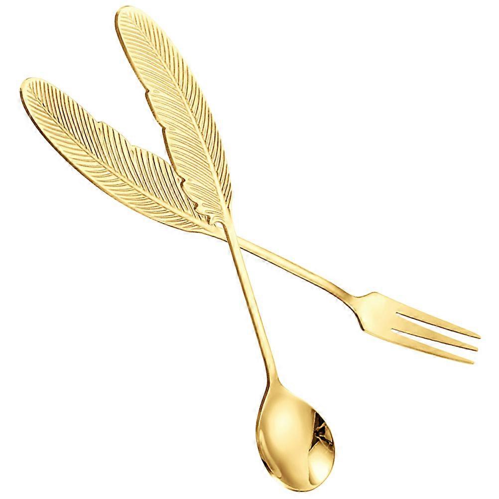 2Pcs Gold Stainless Steel Spoon Fork for Serving Flatware Kitchen