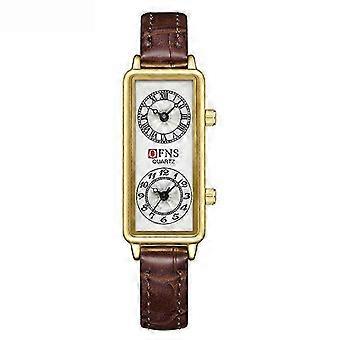 OFNS Damen-Quarzuhr mit zwei Zifferblättern – Goldgehäuse, braunes Lederarmband, elegante Uhr