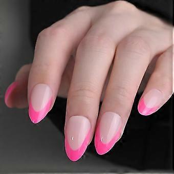 Korte amandelvormige French tip plaknagels voor vrouwen, felroze uiteinden, herbruikbare zachte gel met lijm.