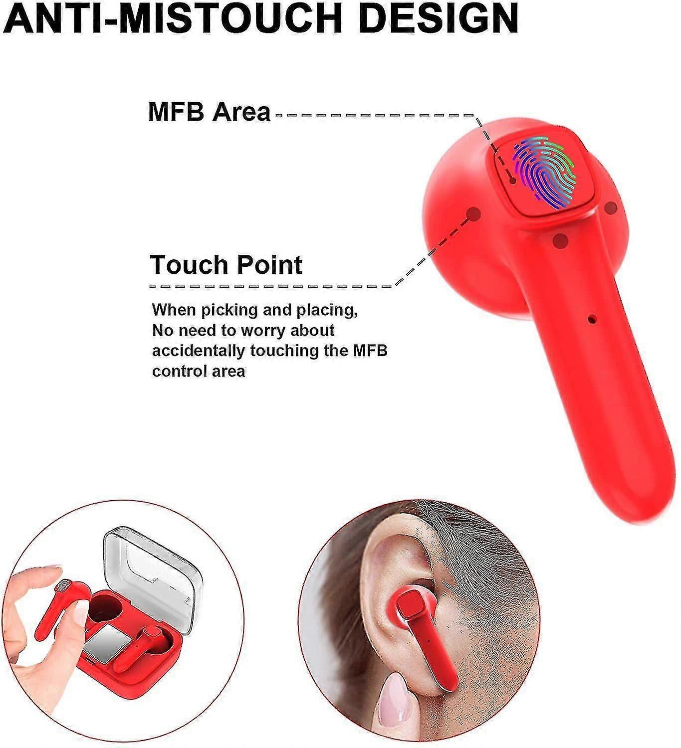 Bluetooth 5.0 Earphone, Hd Stereo Playback, Mic, Touch Control(red)