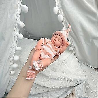Mini Sleeping Reborn Doll 19cm, 3D Realistic Soft Vinyl Baby Doll with Closed Eyes, Pink Knit Outfit, Cute Room Decoration for Kids, Gift for Girls Bi