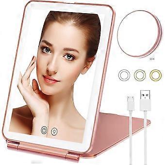 Foldable LED Makeup Mirror, Portable Travel Rechargeable Lighted Mirror, 3 Color Makeup Mirror 72 LED, Dimmable Touch, with 10X Magnification Mirror, 