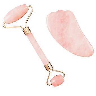 Rosenquarz-Roller und Gua Sha Set, natürliches Gesichtsmassagegerät für Hautpflege und Konturierung