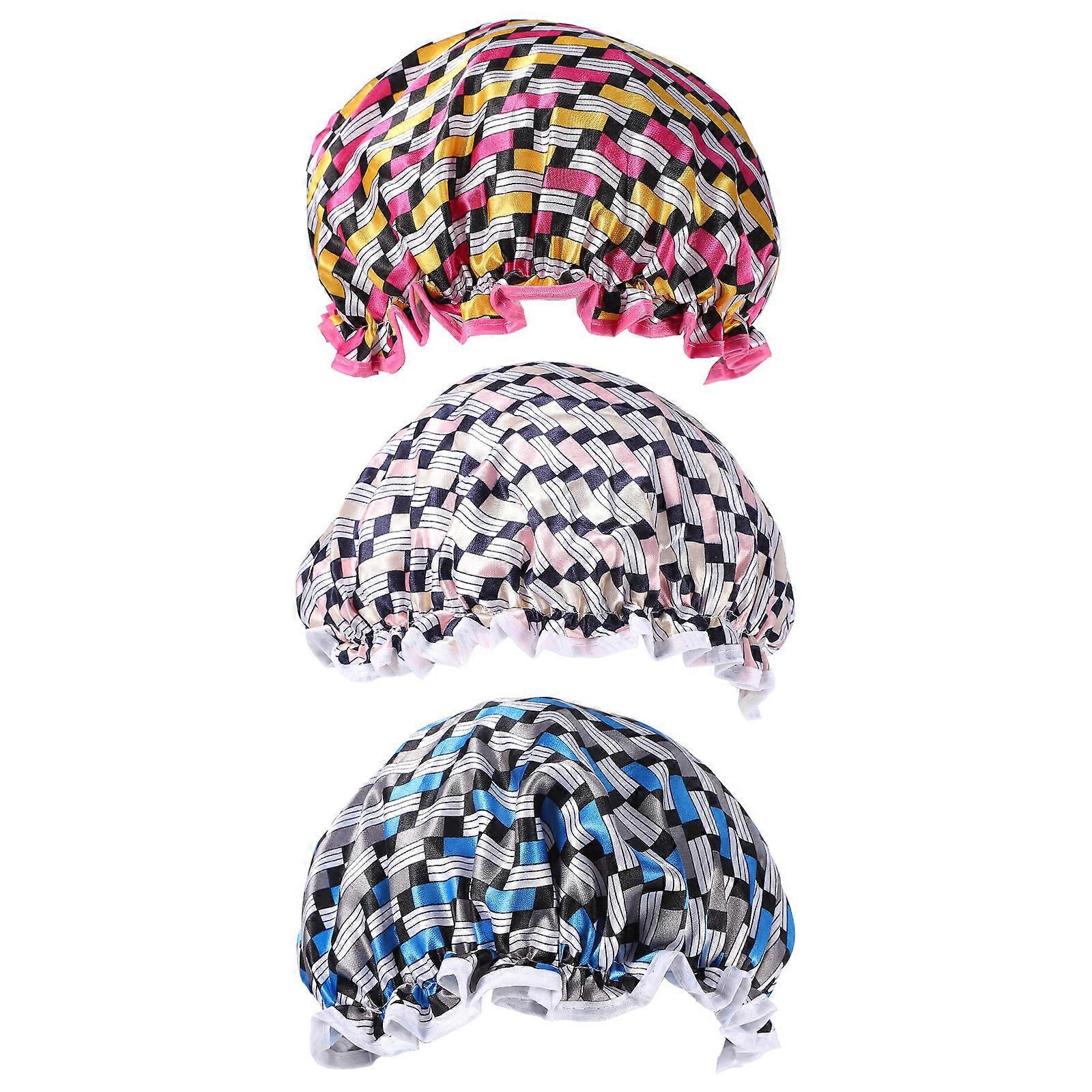 3pcs Reusable Printed Polyester Bathing Shower Caps Double Layer Bathing Caps