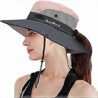 Sombrero de sol de ala ancha con protección UV para mujer para verano, playa y actividades al aire libre Gorra de cubo de cola de caballo plegable