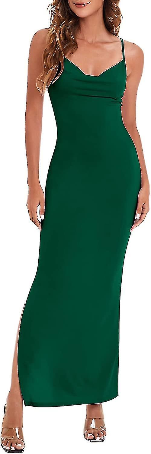 Women's Cowl Neck Split Side Spaghetti Strap Long Cami  S-2xl