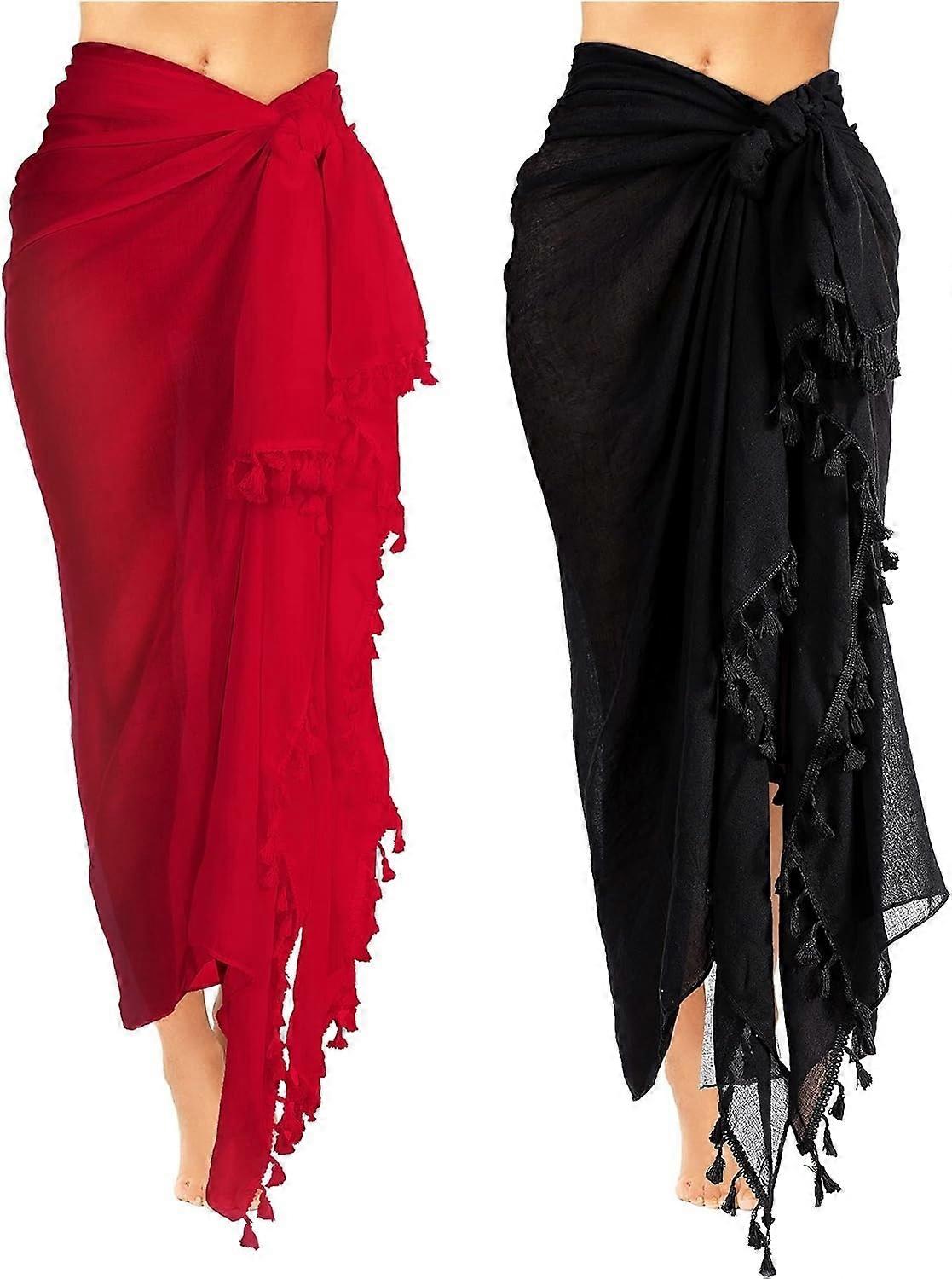 2 Pièces Femmes Plage Batik Long Sarong Maillot De Bain Cover up Wrap Pareo avec Pompon pour Femmes Filles(Blac