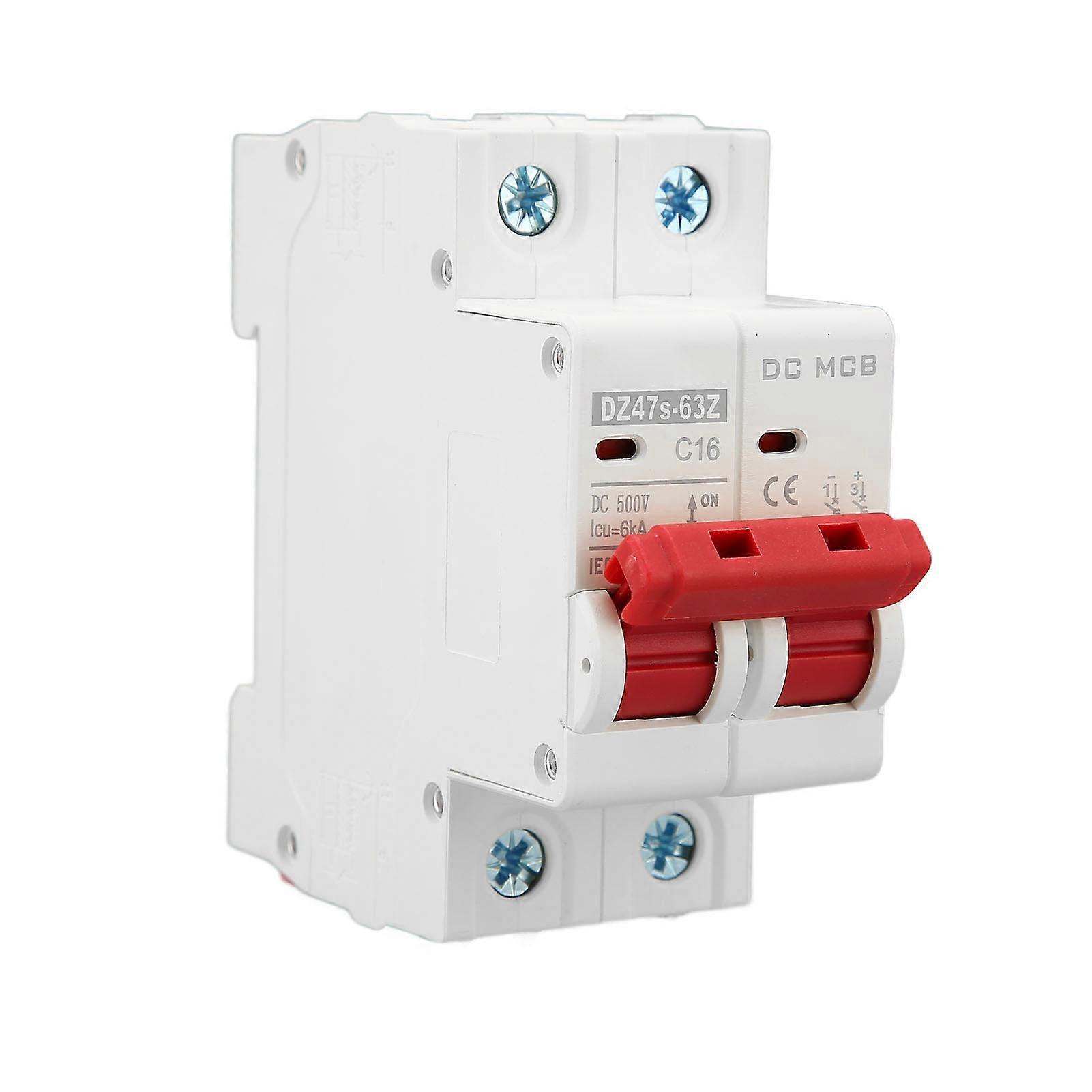 Circuit Breaker 2P DC 500V MCB 16A DIN Rail Mount Protection Switch 6000A Breaking Capacity