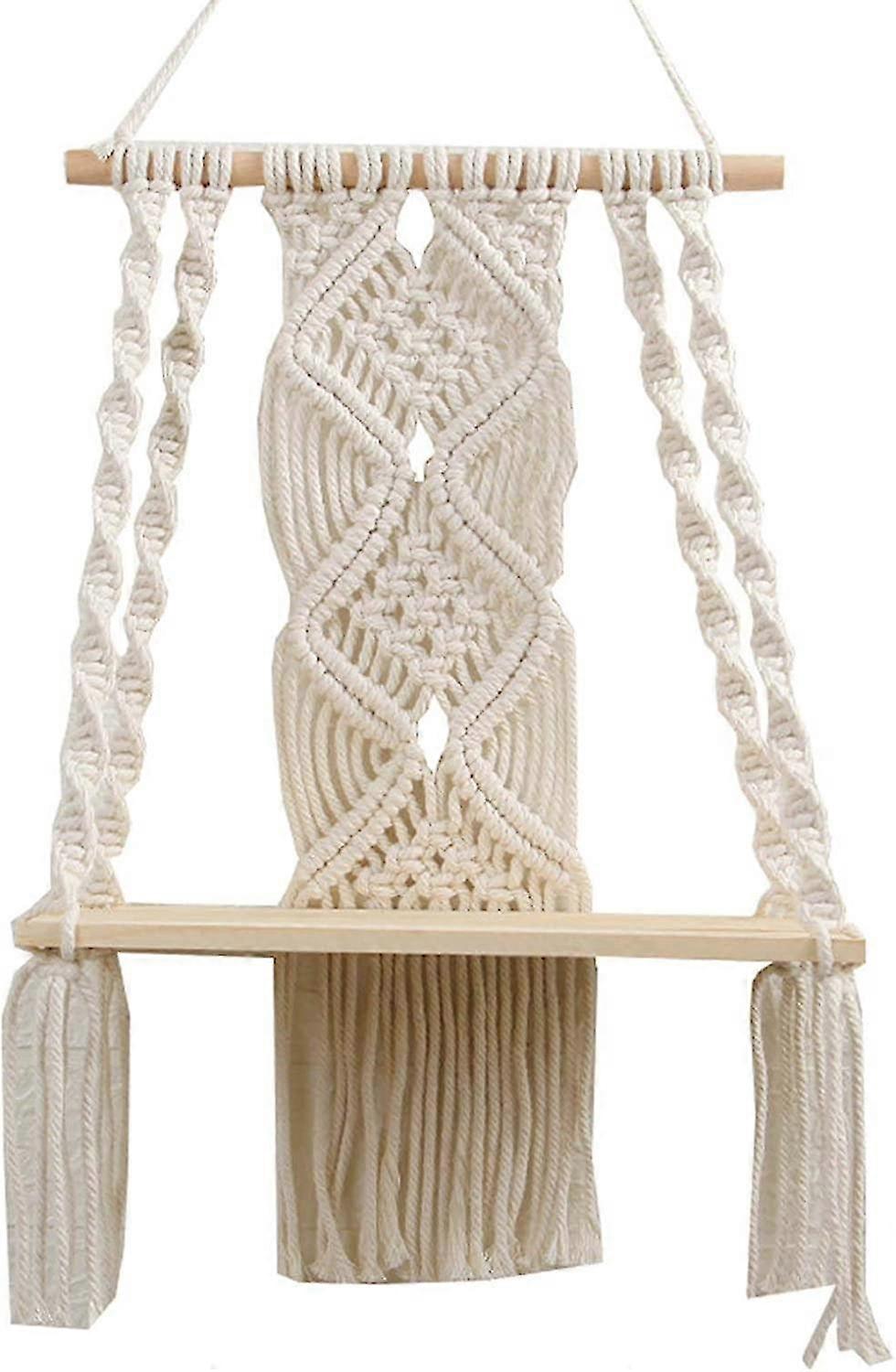Wall Shelf, Hand Woven Wall Mounted Bohemian Macrame Tapestry, With Wooden Shelf 30x50cm
