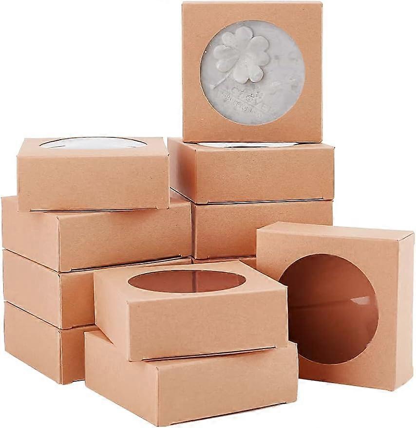 24Packs Brown Kraft Square Paper Boxes Gift Wrapping Box with Round Clear Window 3x3x1.2inch