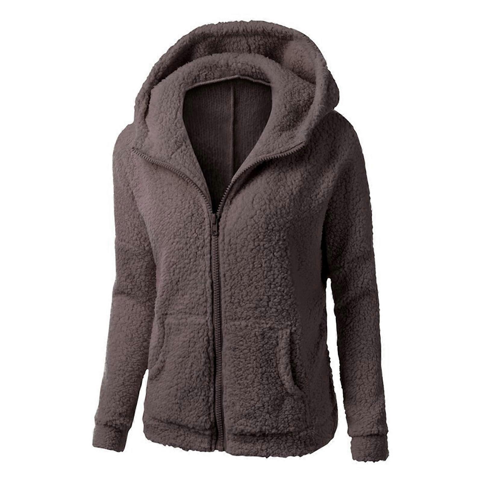 Women Full Zip Fuzzy Sweatshirt with Pockets Slim Plush Hooded Outercoat