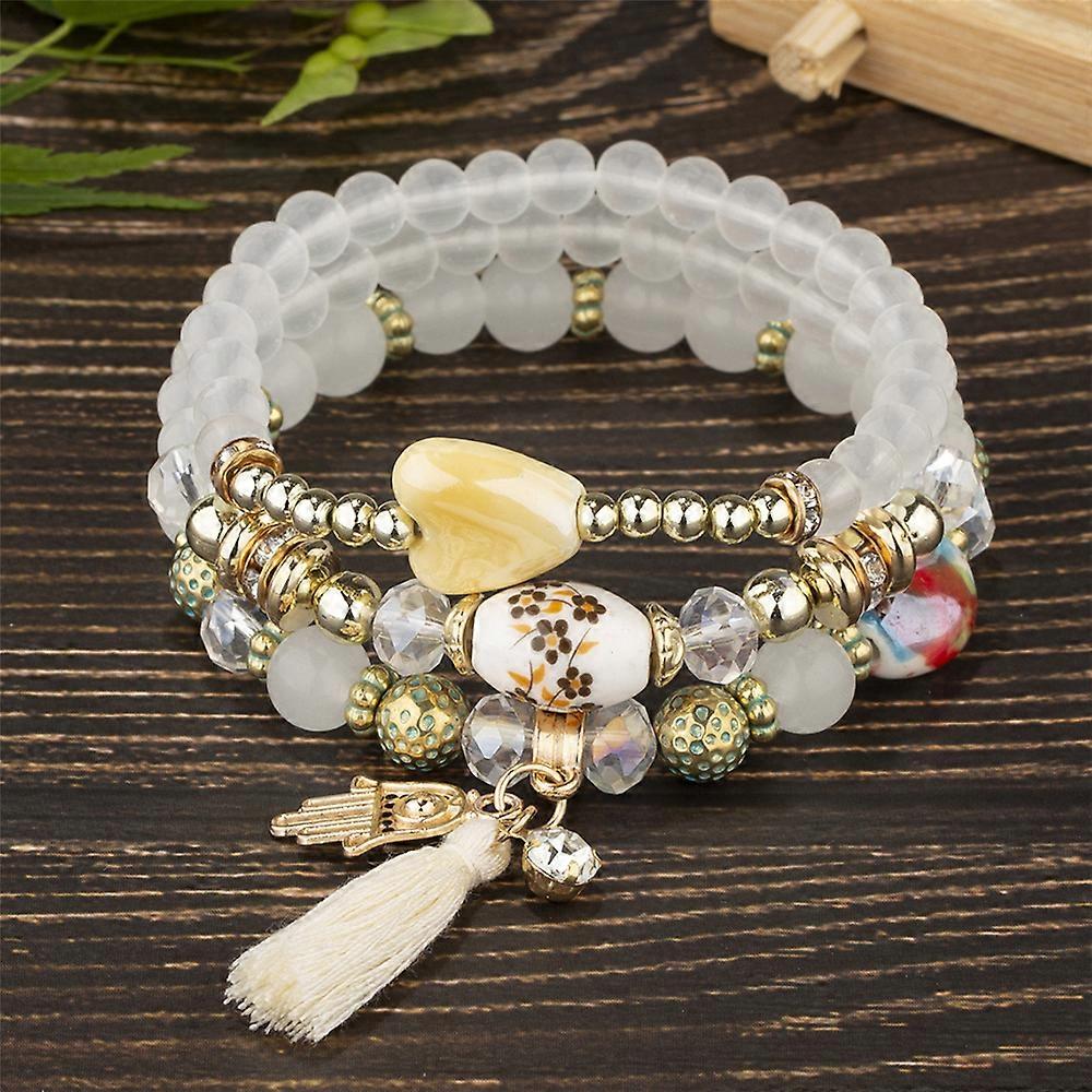 Vintage Bohemian Multi-layer Bracelet Heart Pendant Tassel Beaded Crystal Elastic Bracelet