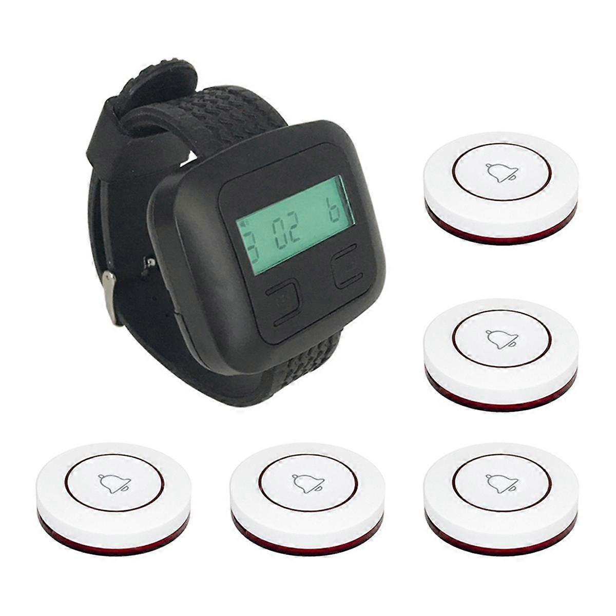 Wireless Restaurant Calling System 5Table Call Button Transmitters 1Watch Pager, Restaurant Waiter Service Bell Buzzer A