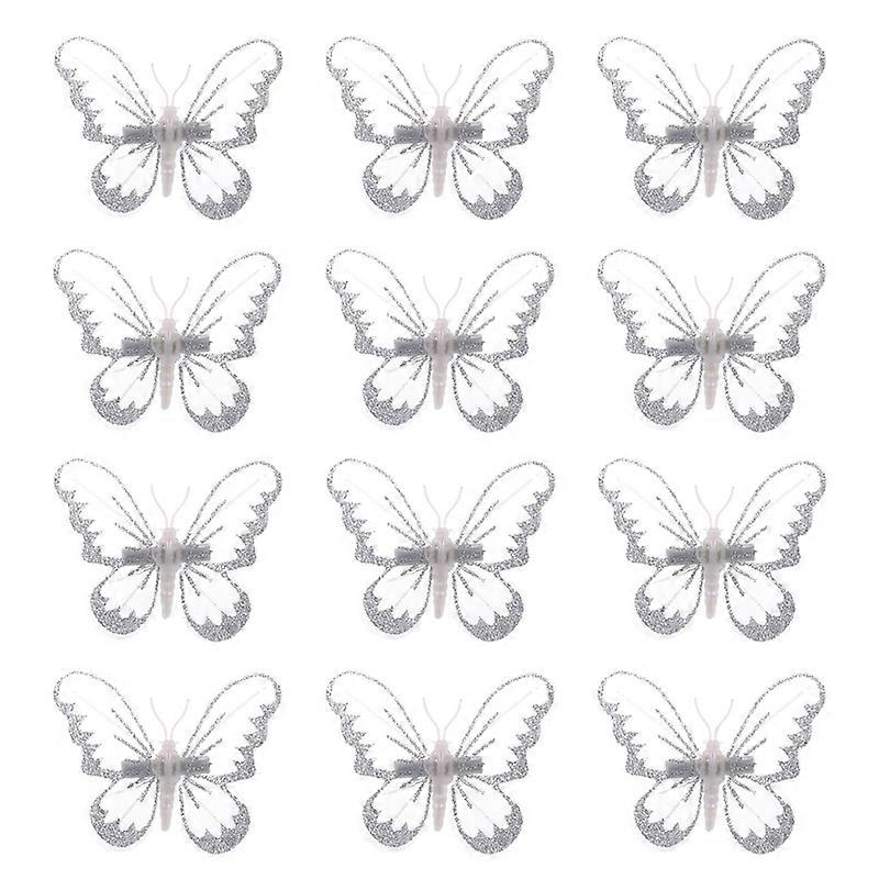 12Pcs/Set Widget Decor Simulated Clips Design Gauze 3D DIY Craft Christmas Tree Butterfly Ornament for Home KAESI