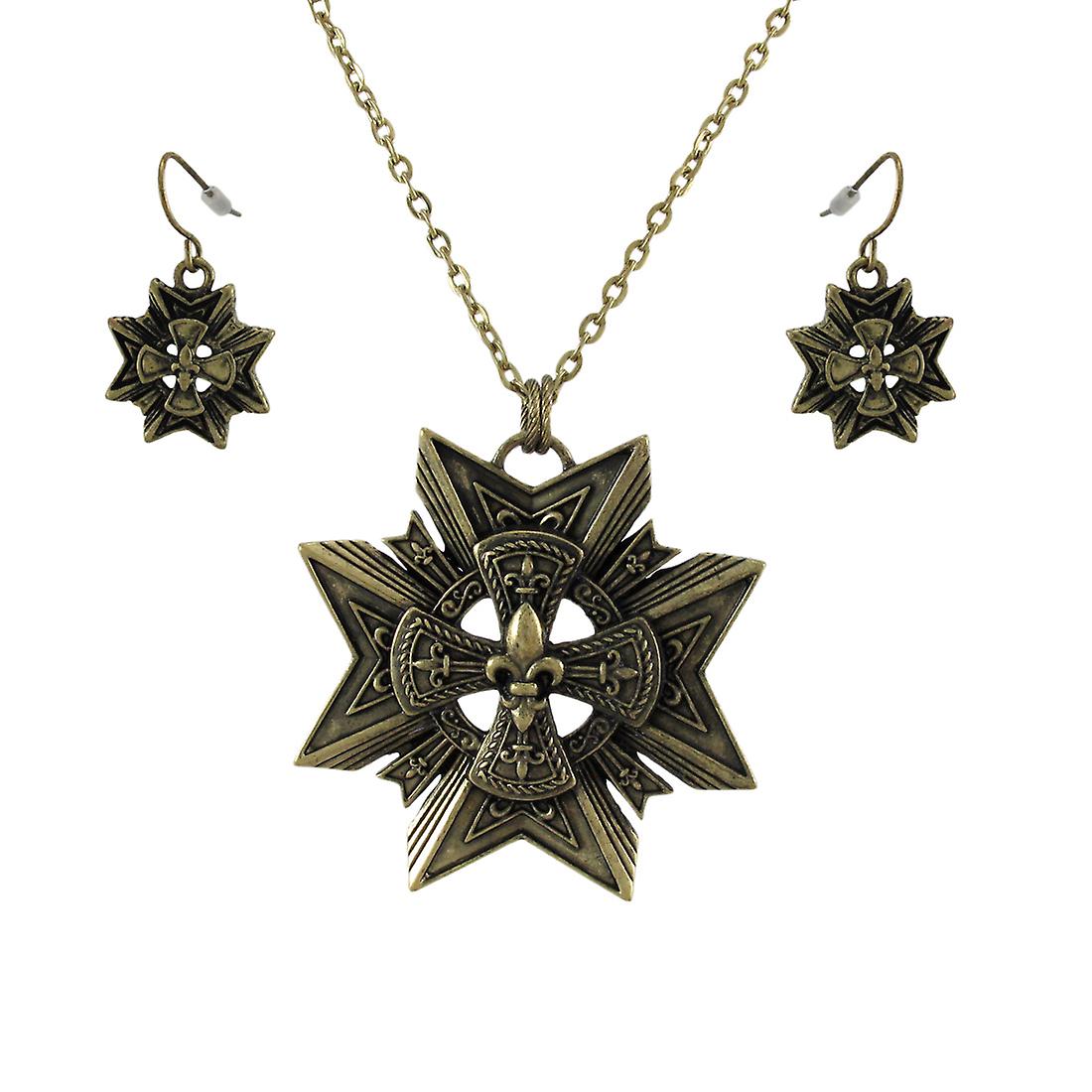 Exquisite Bronze Star Pendant and Earrings Set with 27 Inch Long Necklace and Fleur-de-Lis Accents - A Perfect Fusion of Modern Chic and Timeless Elegance