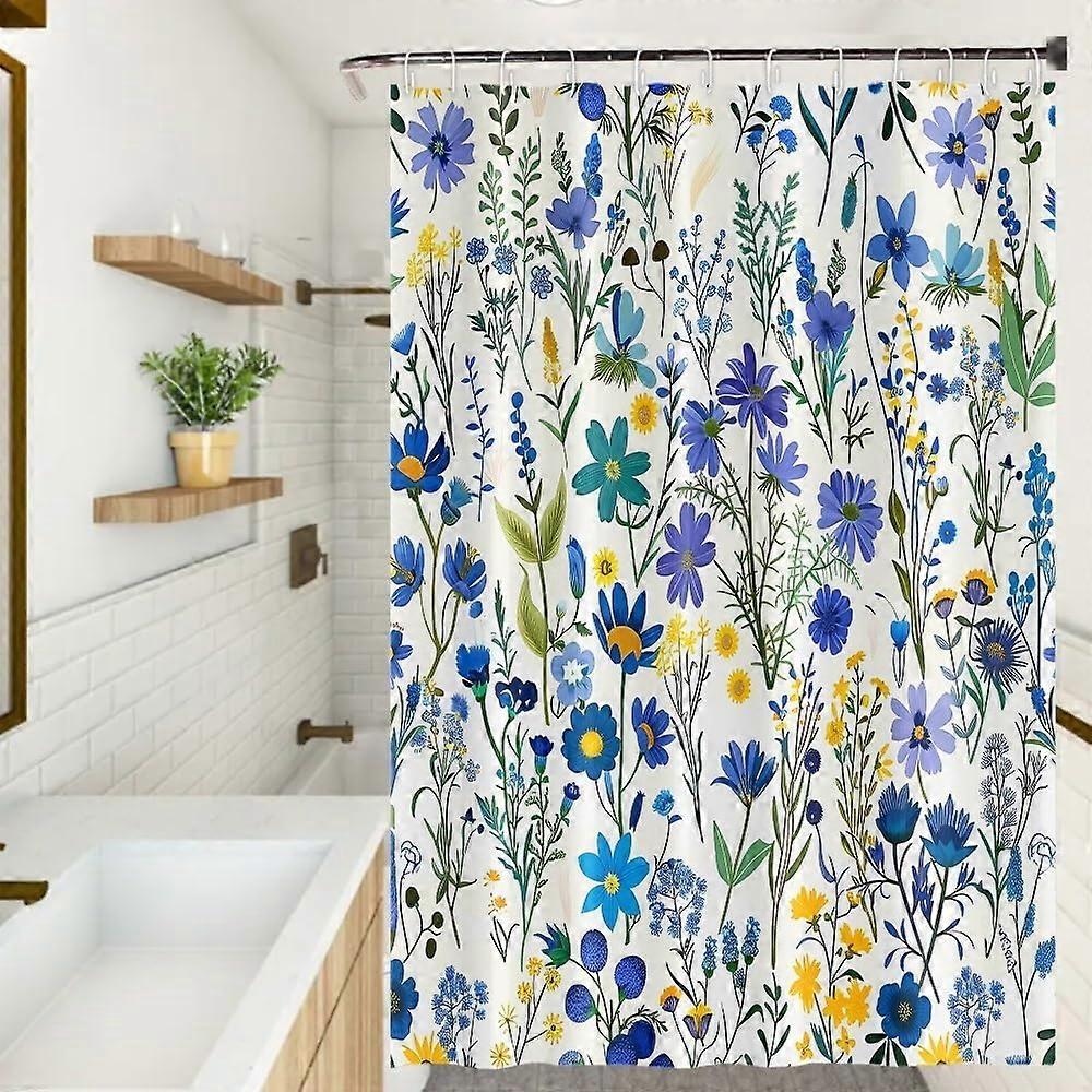 72x72インチ花のシャワーカーテン水彩花青紫野花緑の葉野草バスカーテン防水生地モダンな牧歌的なスタイル