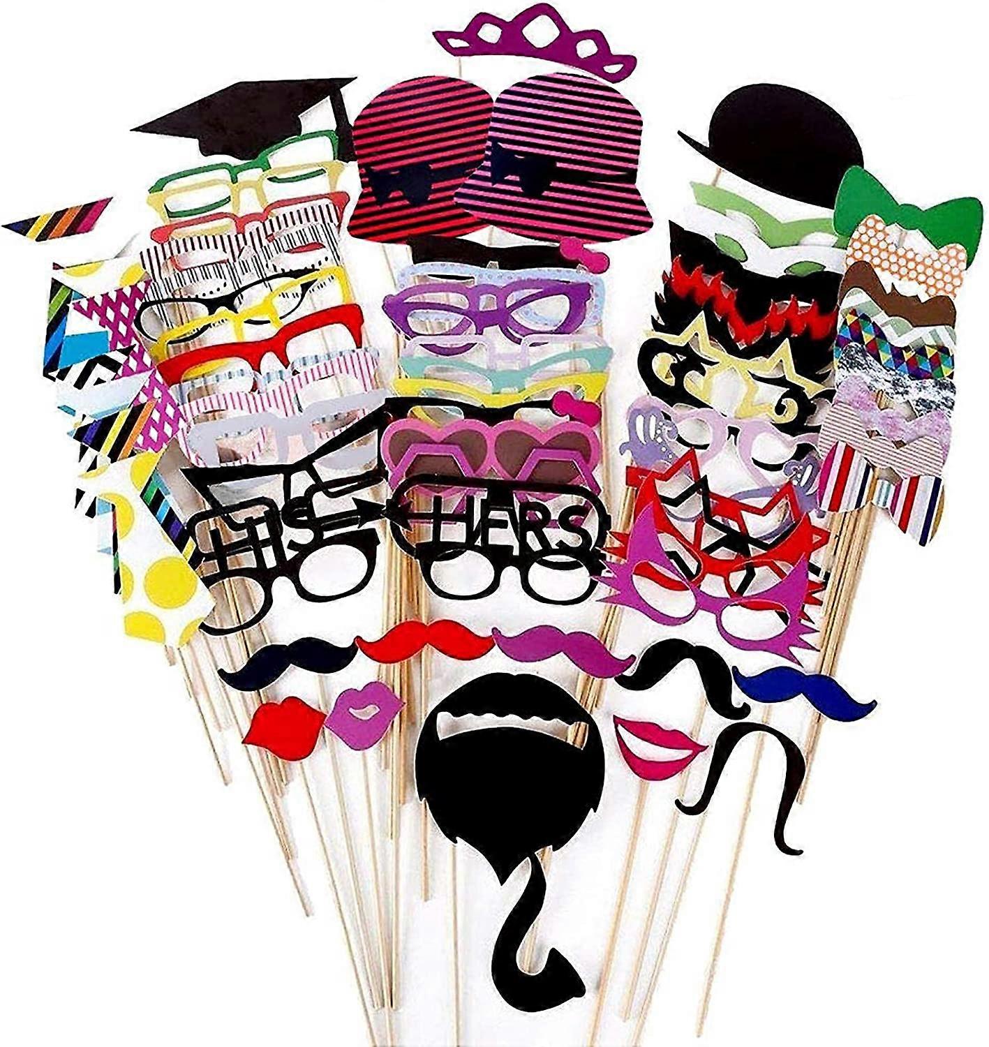 Set of 76 Colorful Props, Glasses, Mustaches, Lips, Bow Ties, Hats on Sticks for Weddings, Christmas Party, Birthdays