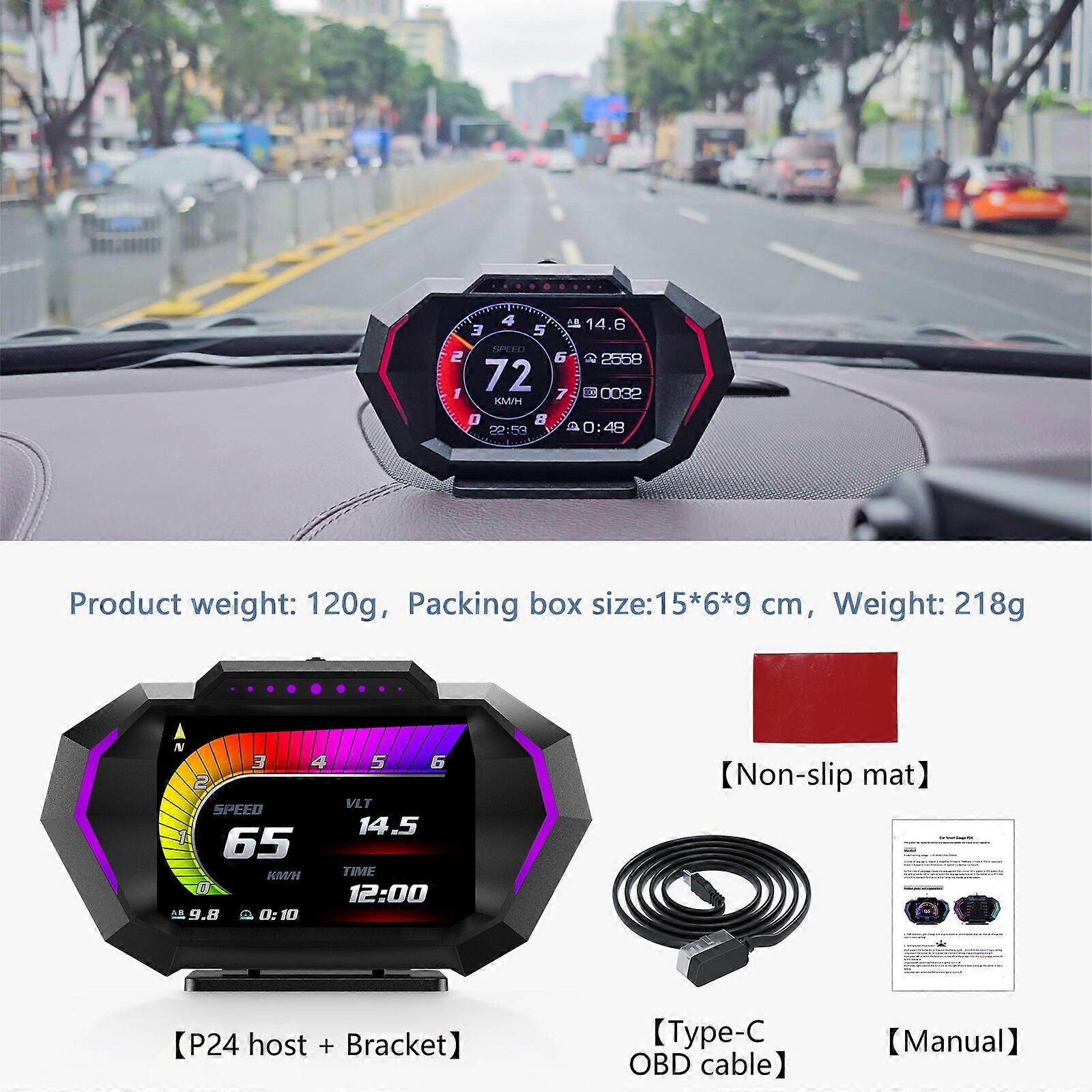 P24 Car Head Up Display HUD OBD2 GPS Speedometer 10 Alarm Functions Multifunctional Fuel Consumption Water Temp RPM Slope Gauge