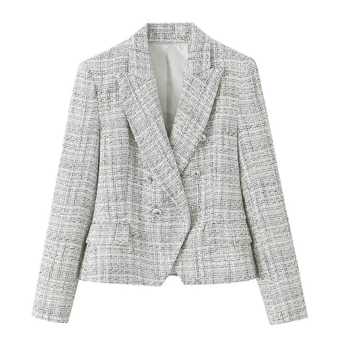 أزياء نسائية تويد V رقبة سترة مكتب سيدة مزدوجة الصدر جاكيت أنثى عارضة كم طويل سليم السترات Mujer