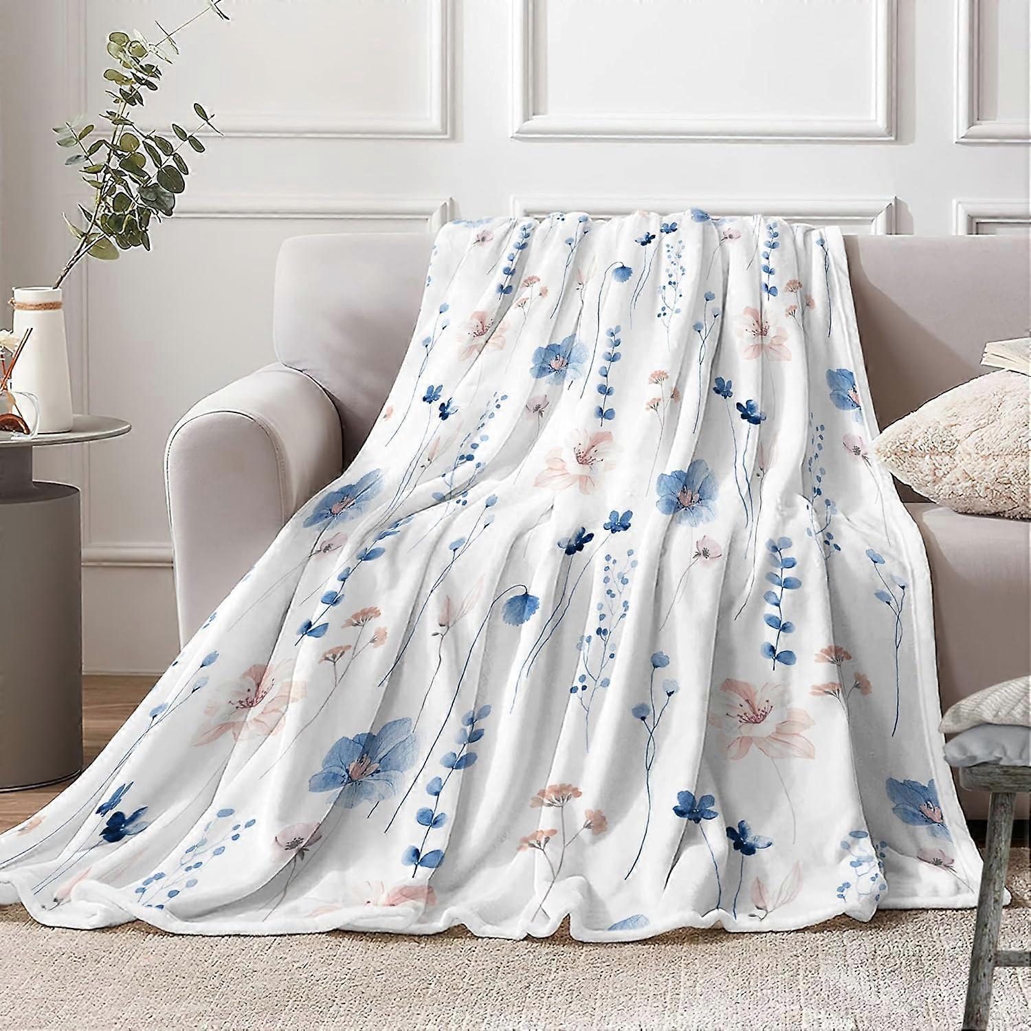 Blue Throw Blanket, Spring Floral Throw Blanket for Couch Bed, Colorful Watercolor Flower Decorative Soft Warm Cozy Blanket Plush Throws \u200bBlanket